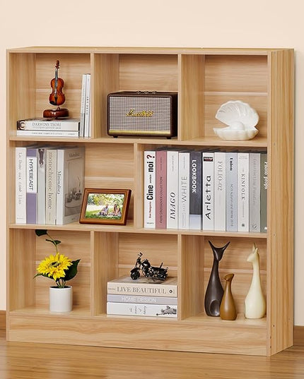 LEYAOYAO 8 Cube Bookshelf with Base,3 Tier Mid-Century Modern Natural Bookcase,Standing Wide Bookshelves Storage Organizer Shelf,Rustic Wood Display Cabinet Book Shelves for Bedroom,Living Room,Office - LeafyLoom