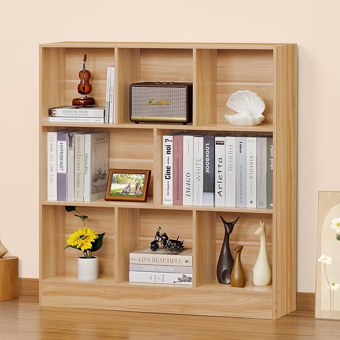 LEYAOYAO 8 Cube Bookshelf with Base,3 Tier Mid-Century Modern Natural Bookcase,Standing Wide Bookshelves Storage Organizer Shelf,Rustic Wood Display Cabinet Book Shelves for Bedroom,Living Room,Office - LeafyLoom