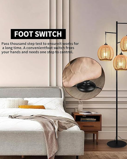 Floor Lamp for Living Room,Bedroom,Boho Rattan Floor Lights,Tree 3 Bulb Standing Lamp Farmhouse Industrial Black Tall Lamp,Wicker Bamboo Lamp Shade Flower Floor Lamps Bohemian Decor - LeafyLoom