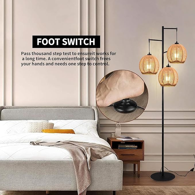 Floor Lamp for Living Room,Bedroom,Boho Rattan Floor Lights,Tree 3 Bulb Standing Lamp Farmhouse Industrial Black Tall Lamp,Wicker Bamboo Lamp Shade Flower Floor Lamps Bohemian Decor - LeafyLoom