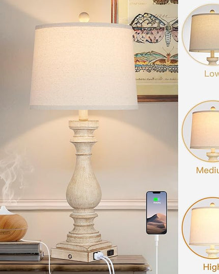29" Tall Table Lamp for living room set of 2,Vintage Bedside Nightstand Lamps with USB C+A Ports & AC Outlet,3-Way Dimmable Touch Control White Washed Finish Desk Lamp for Bedroom,Color 1 - LeafyLoom
