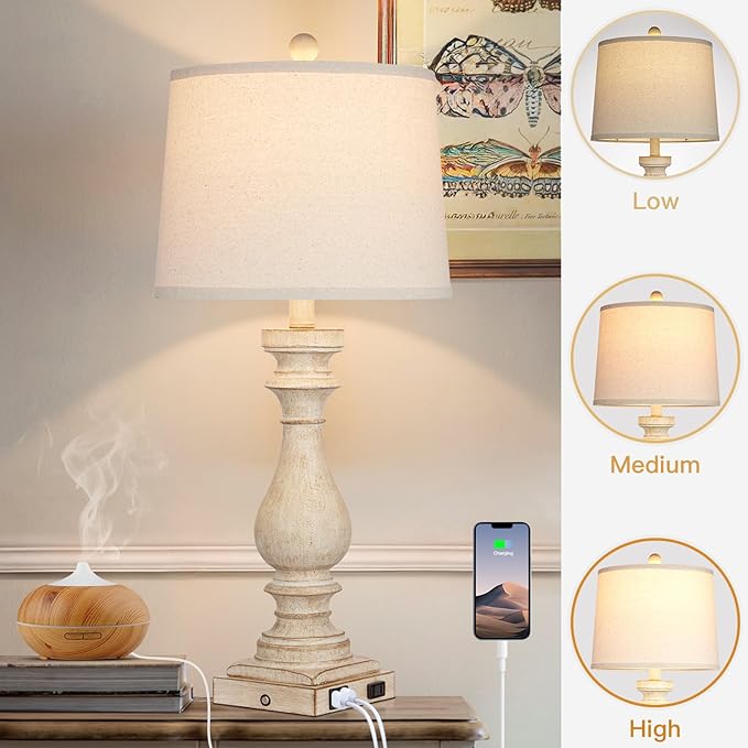 29" Tall Table Lamp for living room set of 2,Vintage Bedside Nightstand Lamps with USB C+A Ports & AC Outlet,3-Way Dimmable Touch Control White Washed Finish Desk Lamp for Bedroom,Color 1 - LeafyLoom