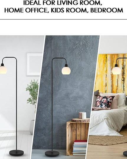 Modern Floor Lamp for Living Room, Black, with 3 Color Temperatures LED Bulb, Industrial Design, 63.2 in H, White Glass Shade, E26 9W A19 LED Bulb Included - LeafyLoom