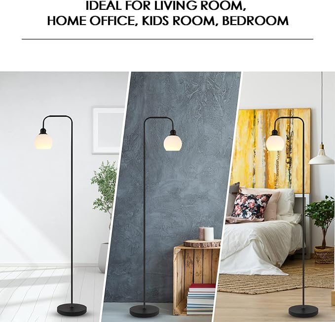 Modern Floor Lamp for Living Room, Black, with 3 Color Temperatures LED Bulb, Industrial Design, 63.2 in H, White Glass Shade, E26 9W A19 LED Bulb Included - LeafyLoom