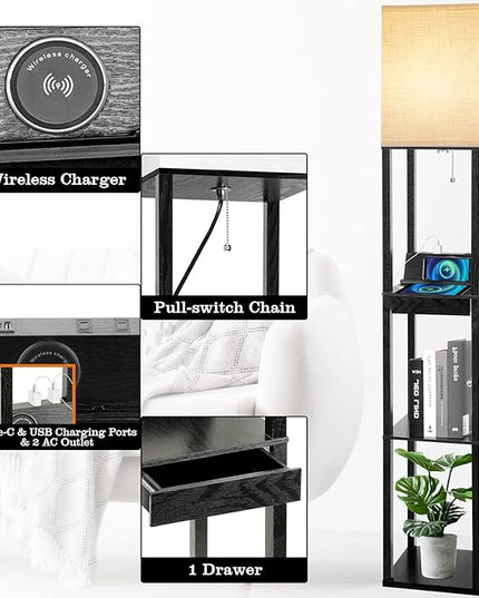 Floor Lamp with Shelves, RUNTOP LED Shelf Floor Lamp with Wireless Charger & 2 Charging USB Ports & Drawer, AC Outlet, 3 Color Temperature Tall Standing Lamp with Bulb for Living Room, Bedroom, Office - LeafyLoom