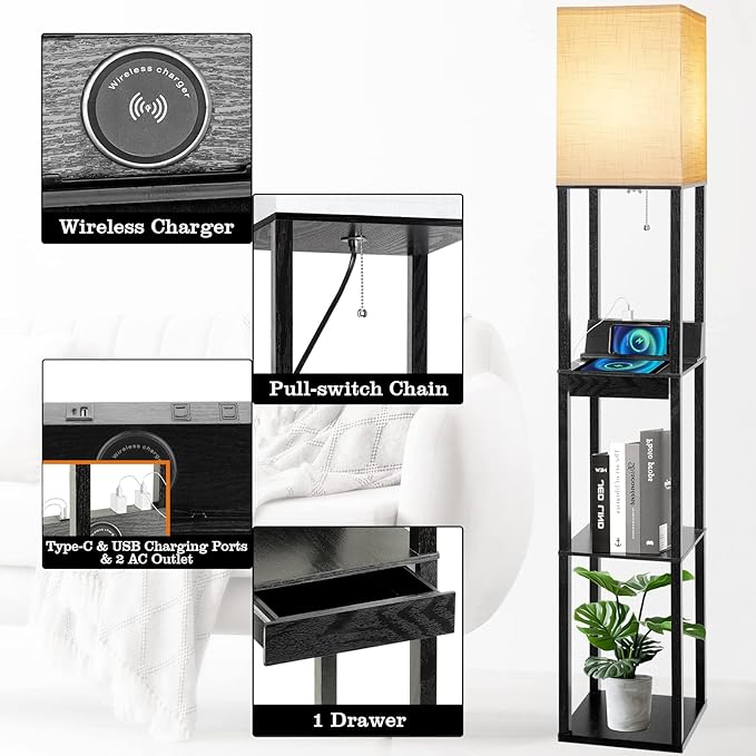 Floor Lamp with Shelves, RUNTOP LED Shelf Floor Lamp with Wireless Charger & 2 Charging USB Ports & Drawer, AC Outlet, 3 Color Temperature Tall Standing Lamp with Bulb for Living Room, Bedroom, Office - LeafyLoom
