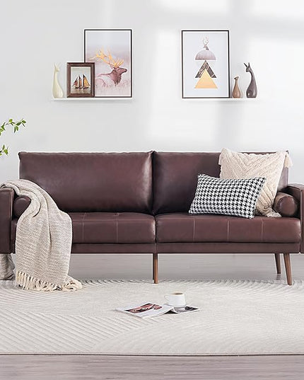 Vonanda Faux Leather Sofa Couch, Mid-Century 73 Inch 3 Seater Leather Couch with Wood Grain Metal Legs and Bolster Pillows for Living Room,Elegant Brown - LeafyLoom