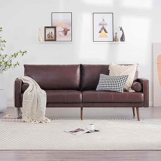 Vonanda Faux Leather Sofa Couch, Mid-Century 73 Inch 3 Seater Leather Couch with Wood Grain Metal Legs and Bolster Pillows for Living Room,Elegant Brown - LeafyLoom