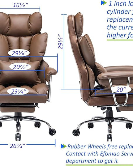 Desk Office Chair 400LBS, Big and Tall Office Chair, PU Leather Computer Chair, Executive Office Chair with Leg Rest and Lumbar Support, Brown Office Chair - LeafyLoom