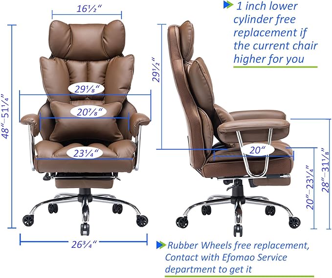 Desk Office Chair 400LBS, Big and Tall Office Chair, PU Leather Computer Chair, Executive Office Chair with Leg Rest and Lumbar Support, Brown Office Chair - LeafyLoom
