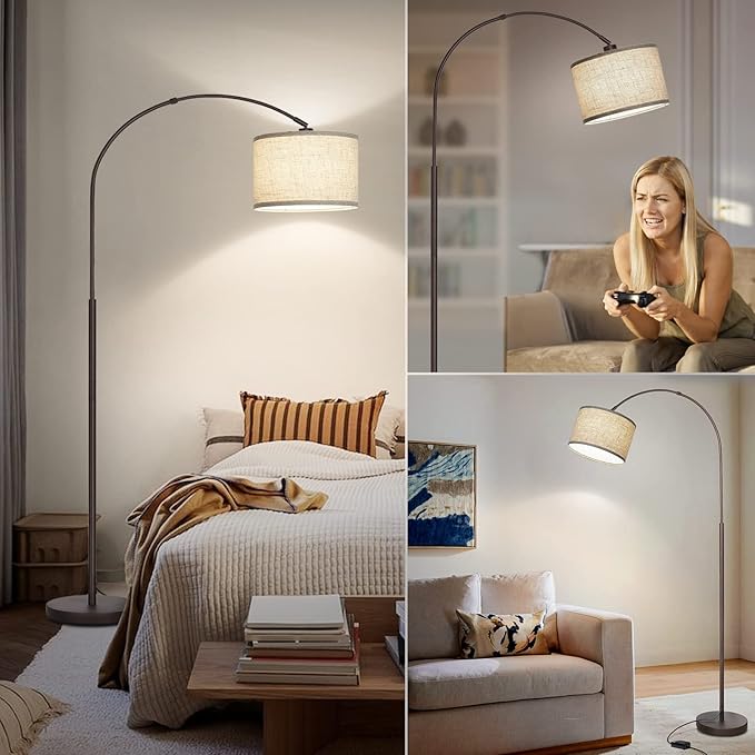 Dimmable Arc Floor Lamp, Floor Lamps for Bedroom, Farmhouse Standing Lamp with Adjustable Hanging Shade, Brown Tall Pole Lamp, Mid Century Floor Lamp for Living Room, Over Couch, 9W LED Bulb Included - LeafyLoom