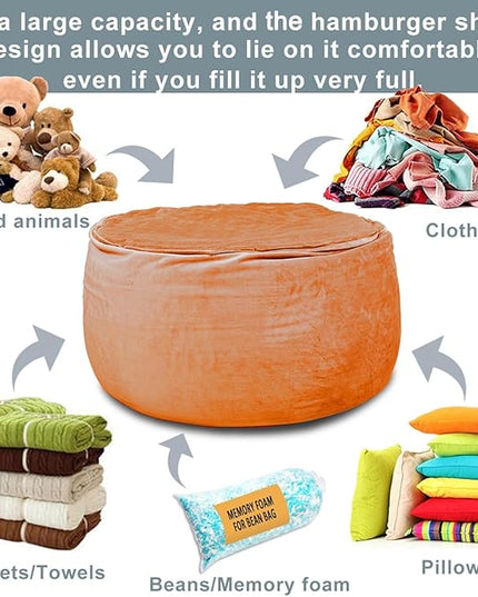 Bean Bag Chair Cover, Stuffed Animal Storage, Plush Toys Organizer Holder, Beanbag Chairs Cover for Kids Teans and Adults Super Soft and Comfortable Fabric X-Large with Handle and Zipper - Round Brown - LeafyLoom