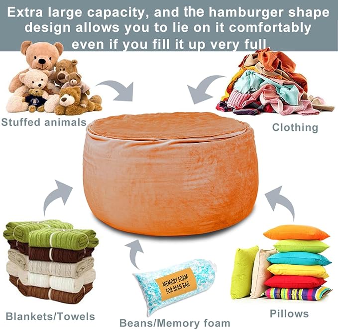 Bean Bag Chair Cover, Stuffed Animal Storage, Plush Toys Organizer Holder, Beanbag Chairs Cover for Kids Teans and Adults Super Soft and Comfortable Fabric X-Large with Handle and Zipper - Round Brown - LeafyLoom
