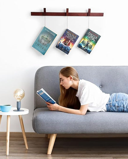 Floating Wall Bookshelf - Wall Mounted Book Organizer with Included Bookmarks - Hardwood Hanging Bookshelf for Bedroom, Living Room, or Kitchen - A Thoughtful Gift for Book Lovers (Dark) - LeafyLoom
