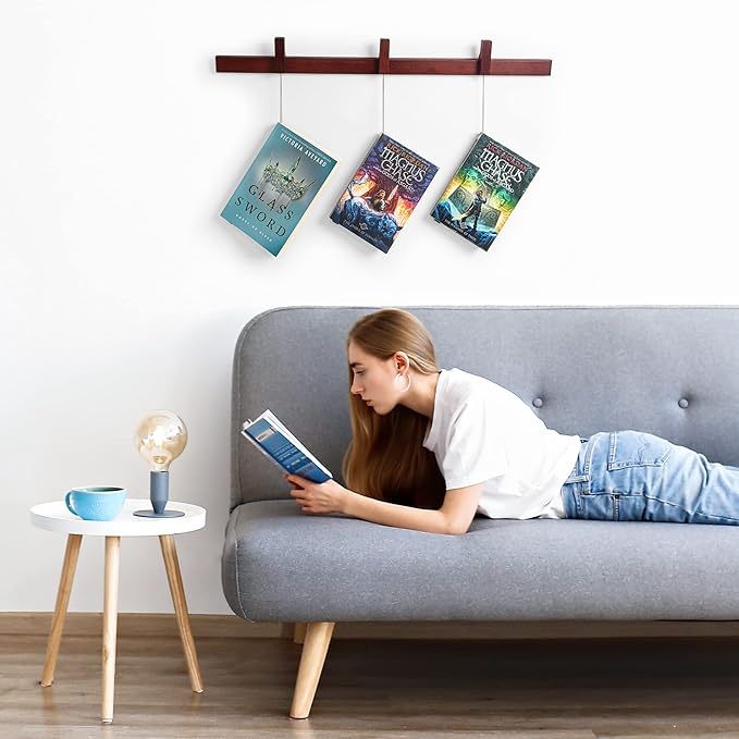 Floating Wall Bookshelf - Wall Mounted Book Organizer with Included Bookmarks - Hardwood Hanging Bookshelf for Bedroom, Living Room, or Kitchen - A Thoughtful Gift for Book Lovers (Dark) - LeafyLoom