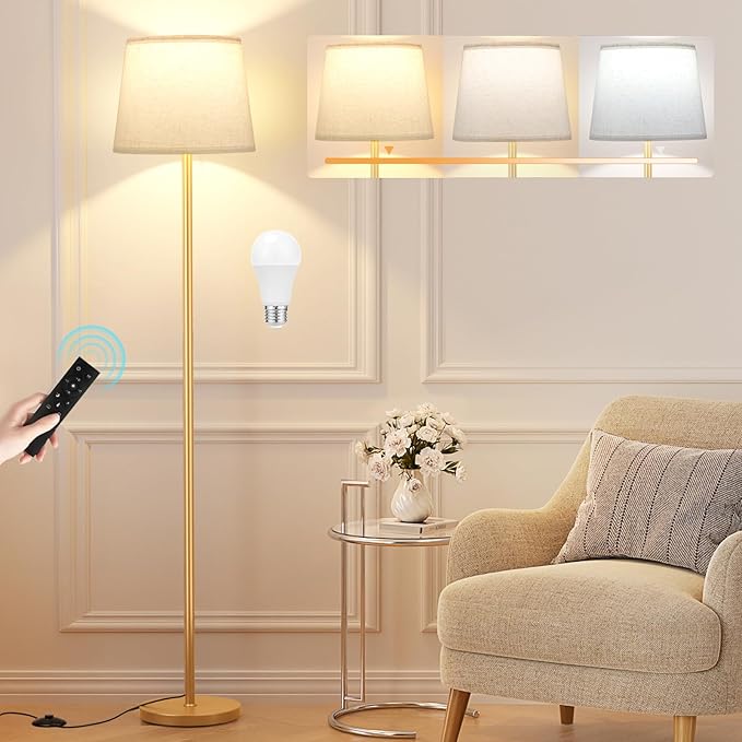 【Upgraded】 Floor Lamps for Living Room, Modern Floor Lamp with Remote Control, Dimmable Colors Temperature Standing Lamp Foot Switch, 9W Bulb Tall Lamps for Bedroom Office Kid Room - Gold - LeafyLoom