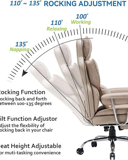 Desk Office Chair 400LBS, Big and Tall Office Chair, PU Leather Computer Chair, Executive Office Chair with Leg Rest and Lumbar Support, Dark Beige Office Chair - LeafyLoom