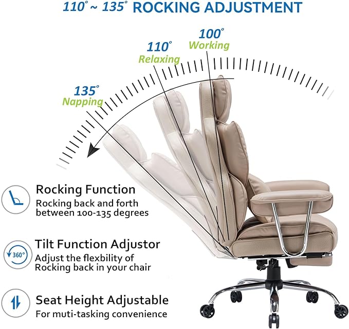 Desk Office Chair 400LBS, Big and Tall Office Chair, PU Leather Computer Chair, Executive Office Chair with Leg Rest and Lumbar Support, Dark Beige Office Chair - LeafyLoom