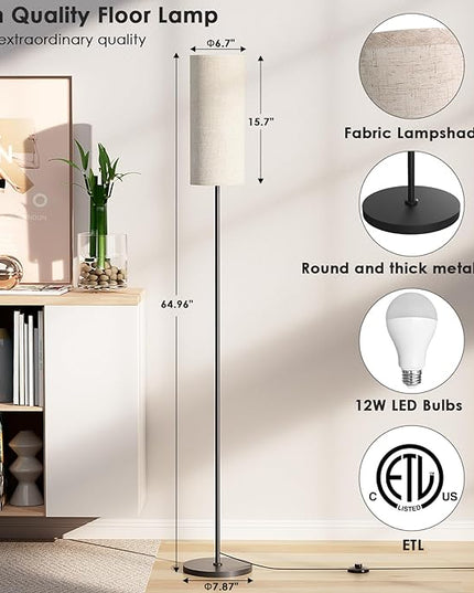 Floor Lamp for Living Room, Modern Standing lamp with Remote Control, Stepless Dimmable 12W Bulb & Beige Lampshade Included, Black Pole Tall Floor Lamp for Bedroom Office - LeafyLoom