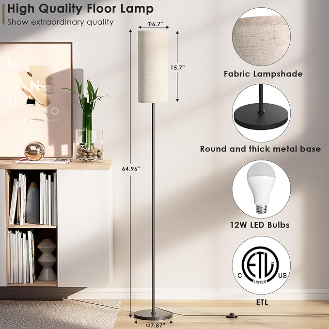 Floor Lamp for Living Room, Modern Standing lamp with Remote Control, Stepless Dimmable 12W Bulb & Beige Lampshade Included, Black Pole Tall Floor Lamp for Bedroom Office - LeafyLoom