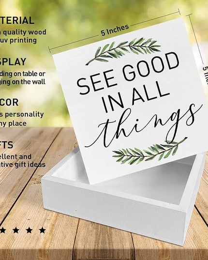 Home Office Desk Wooden Box Sign Decor, See Good in All Things, Inspirational Quotes Desk Decor Motivational Desk Decorations for Women Men Student Office Classroom School - LeafyLoom