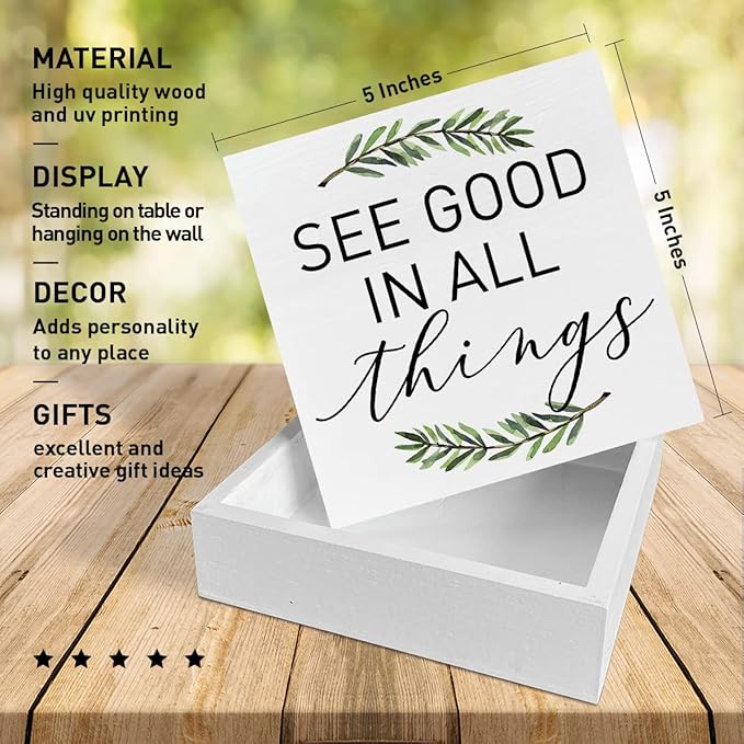 Home Office Desk Wooden Box Sign Decor, See Good in All Things, Inspirational Quotes Desk Decor Motivational Desk Decorations for Women Men Student Office Classroom School - LeafyLoom