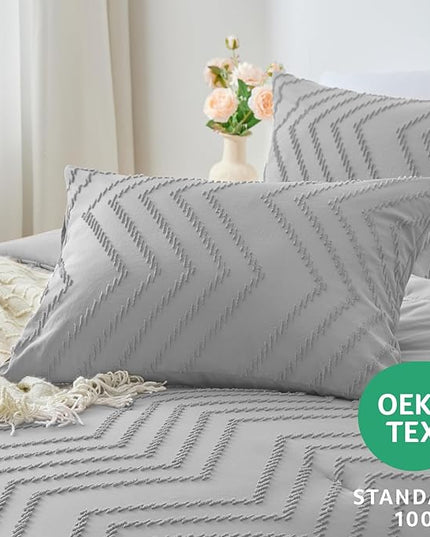 CozyLux Queen Comforter Set Light Grey - 3 Pieces Boho Tufted Shabby Chic Bedding Comforter Set for All Seasons, Chevron Bedding Sets with Comforter & 2 Pillow Shams - LeafyLoom