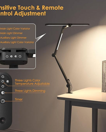 LED Desk Lamp, Flexible Desk Light with Clamp, Dual Light 25 Lighting Eye-Caring Modes Table Lamp with Solid Base, Eye-Caring Desk Lamp with Remote Control,Reading Desk Lamps for Home Office - LeafyLoom