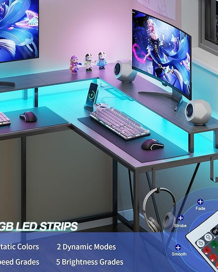L Shaped Gaming Desk with Power Outlets & LED Lights, Computer Desk with Monitor Stand & Storage Shelf, Home Office Desk Corner Desk with Hooks, Easy to Assemble, Grey - LeafyLoom