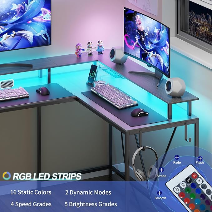 L Shaped Gaming Desk with Power Outlets & LED Lights, Computer Desk with Monitor Stand & Storage Shelf, Home Office Desk Corner Desk with Hooks, Easy to Assemble, Grey - LeafyLoom