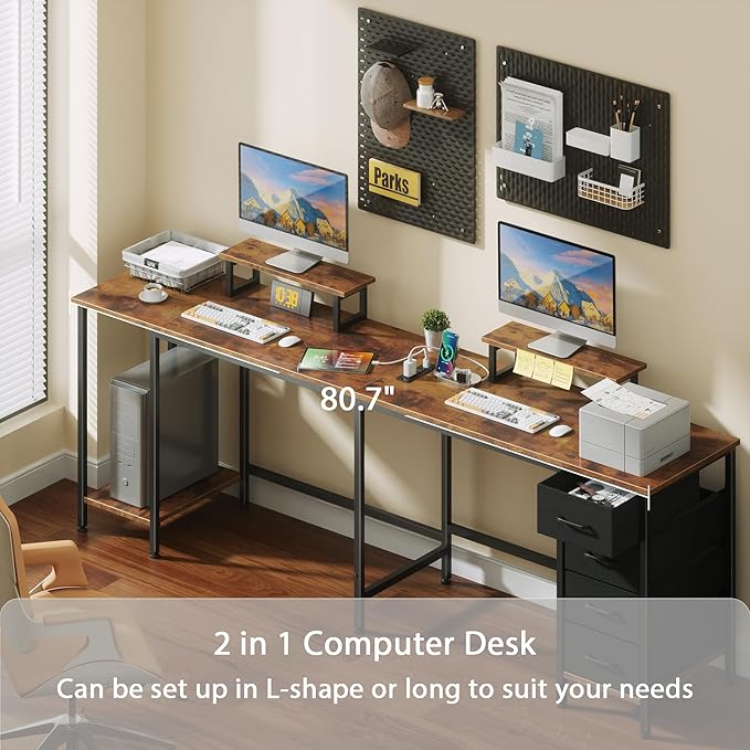 L Shaped Computer Desk with Power Outlets, 59 inch Reversible Home Office Desk with Storage Shelves & 2 Monitor Stands, Gaming Desk with 4 Fabric Drawers for Bedroom, Rustic Brown - LeafyLoom