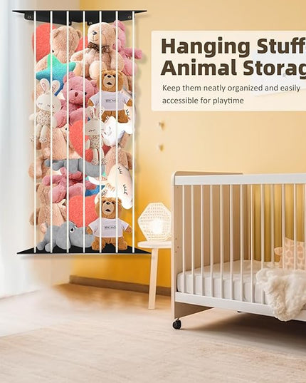 Toy Storage Organizer Corner Stuffed Animal Plush Toy Storage Kids Room Holder with Length Adjustable Large Toys Wall Hanging Shelf for Nursery Playroom Bedroom Sturdy Metal Black - LeafyLoom