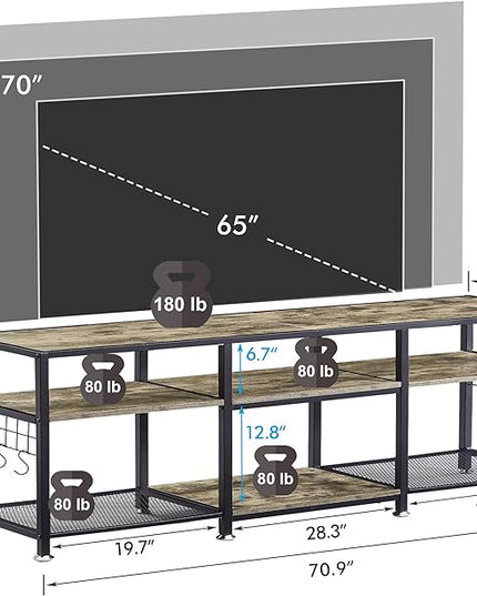 VECELO TV Stand for Televisions up to 75 Inch, Industrial Entertainment Center with 3-Tier Open Storage Shelves& Hooks for Living, Bedroom and Gaming Room, 70 Inch, Grey - LeafyLoom