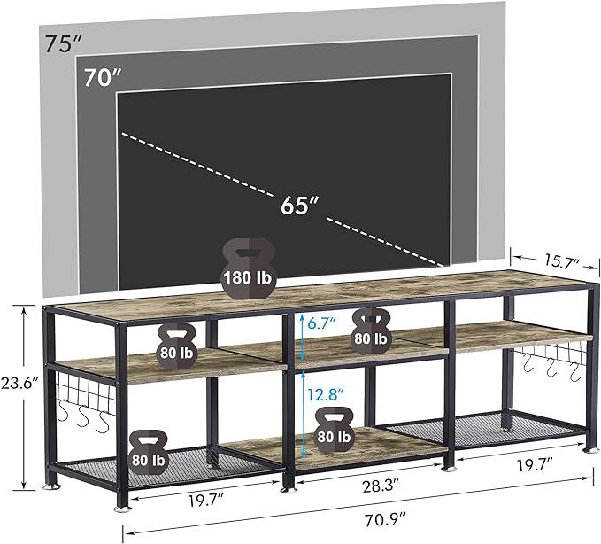 VECELO TV Stand for Televisions up to 75 Inch, Industrial Entertainment Center with 3-Tier Open Storage Shelves& Hooks for Living, Bedroom and Gaming Room, 70 Inch, Grey - LeafyLoom