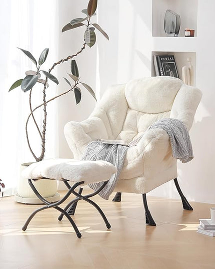Plush Lazy Chair and Ottoman, Large Contemporary Accent Lounge Chair with Armrests and a Side Pocket, Modern Leisure Upholstered Sofa Reading Armchair with Footrest for Bedroom, Living Room - LeafyLoom