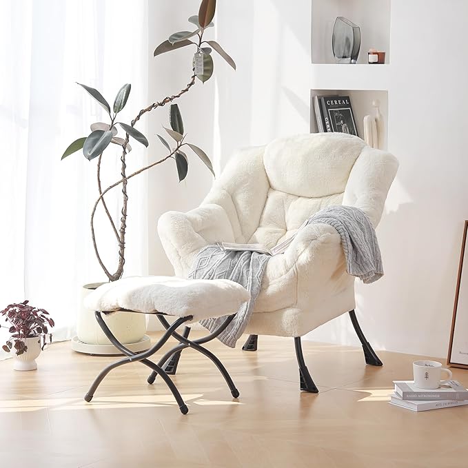 Plush Lazy Chair and Ottoman, Large Contemporary Accent Lounge Chair with Armrests and a Side Pocket, Modern Leisure Upholstered Sofa Reading Armchair with Footrest for Bedroom, Living Room - LeafyLoom