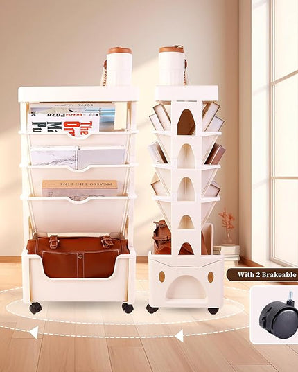 5 Tier Book Rack Storage Bookshelf, Removable Movable Unique Bookcase, Mobile Bookshelf with Wheels Utility Organizer Bookshelves for Kids Children Students Study in Bedroom Living Room School (Khaki) - LeafyLoom
