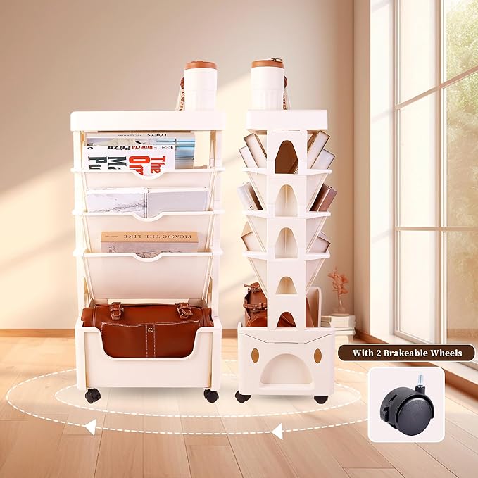 5 Tier Book Rack Storage Bookshelf, Removable Movable Unique Bookcase, Mobile Bookshelf with Wheels Utility Organizer Bookshelves for Kids Children Students Study in Bedroom Living Room School (Khaki) - LeafyLoom