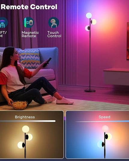 RGBCW Floor Lamp, 3 Globe Bright Color Changing RGB Standing Lamp with Remote, Modern Stepless Dimmable LED Tall Floor Lamps for Living Room Bedroom Office, 30W, 2700-6500K, Black - LeafyLoom
