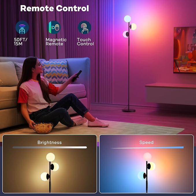 RGBCW Floor Lamp, 3 Globe Bright Color Changing RGB Standing Lamp with Remote, Modern Stepless Dimmable LED Tall Floor Lamps for Living Room Bedroom Office, 30W, 2700-6500K, Black - LeafyLoom