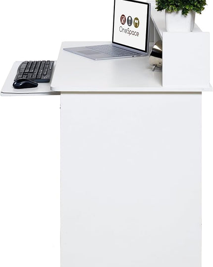 OneSpace Essential Computer Desk, Hutch with Pull-Out Keyboard, White - LeafyLoom