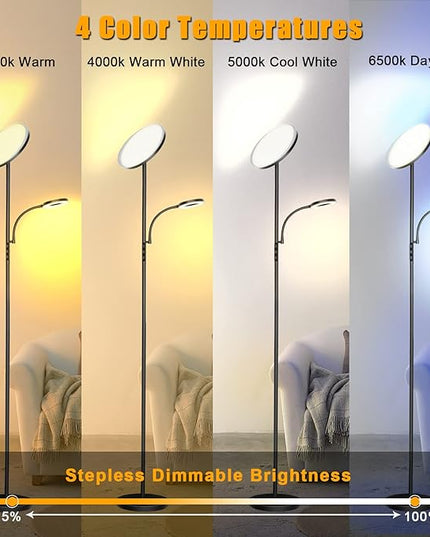 LED Floor Lamp, 4300LM 42W Bright Standing Lamp with Gooseneck Reading Light, 2700K-6500K Stepless Dimming Modern Torchiere Lamp with Remote/Touch Control, 69" Tall Lamp for Living Room Bedroom Office - LeafyLoom
