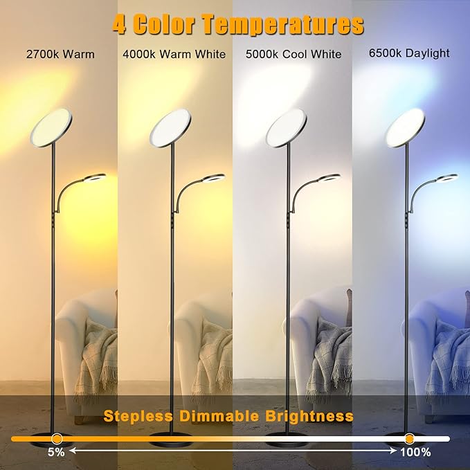 LED Floor Lamp, 4300LM 42W Bright Standing Lamp with Gooseneck Reading Light, 2700K-6500K Stepless Dimming Modern Torchiere Lamp with Remote/Touch Control, 69" Tall Lamp for Living Room Bedroom Office - LeafyLoom