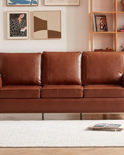 Dreamsir 79'' Traditional Faux Leather Sofa, 3 Seater Couch with Nailhead Trim and Rolled Arms, Classic Couches for Living Room, Bedroom, Apartment, Easy Assembly（Reddish Brown） - LeafyLoom