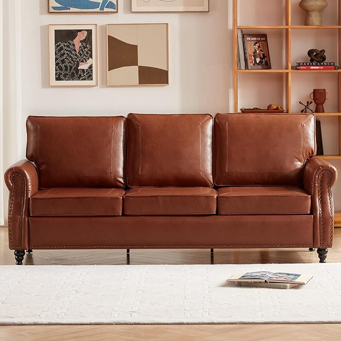 Dreamsir 79'' Traditional Faux Leather Sofa, 3 Seater Couch with Nailhead Trim and Rolled Arms, Classic Couches for Living Room, Bedroom, Apartment, Easy Assembly（Reddish Brown） - LeafyLoom