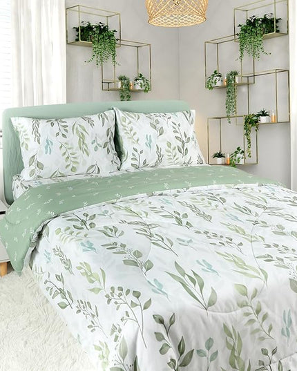 DILIMI Queen Comforter set, 3 Pieces Queen Size Comforter Sets, Reversible Green Comforter Queen, Ultra Soft and Fluffy Bedding Comforter Sets with Comforter, 2 Pillowcase - LeafyLoom