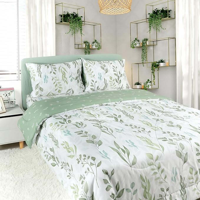 DILIMI Queen Comforter set, 3 Pieces Queen Size Comforter Sets, Reversible Green Comforter Queen, Ultra Soft and Fluffy Bedding Comforter Sets with Comforter, 2 Pillowcase - LeafyLoom