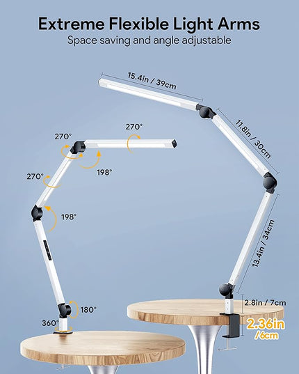 MediAcous LED Desk Lamp with Clamp, Dual Light Desk Lamp with Swing Arm, Dimmable 4 Color Modes & 4 Brightness Table Lamp, Eye-Caring Clip-on Lamp with Memory Function for Home Office, White - LeafyLoom