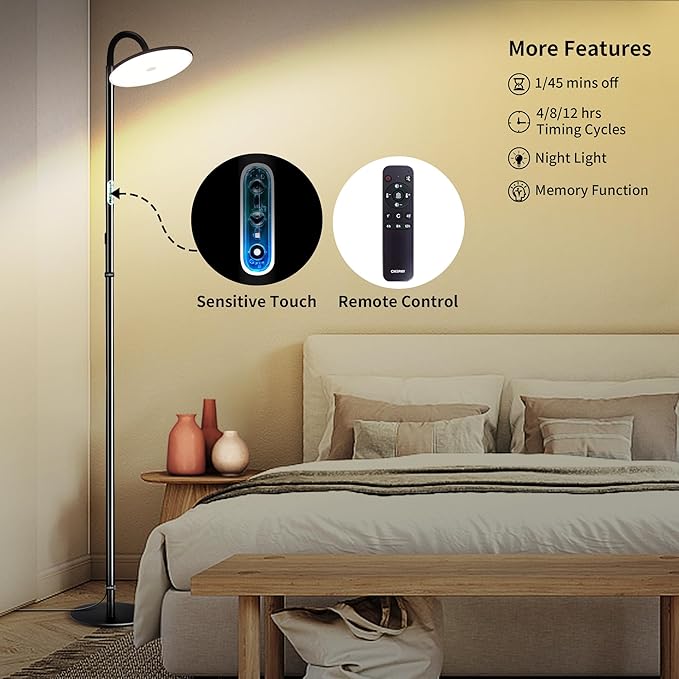 chiphy Floor Lamp, 76'' Tall Lamp, 40W 3500LM 30000Lux Super Bright Floor Lamps for Living Room, Dimmable 2300K-6500K Adjustable Gooseneck with Remote Control Floor Lamp for Bedroom Reading Office - LeafyLoom