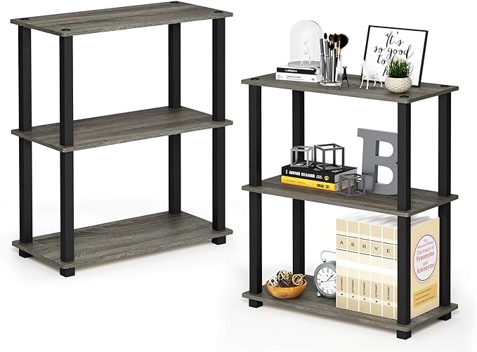 Furinno Turn-S-Tube 3-Tier Compact Multipurpose Shelf 2-Pack French Oak Grey/Black - LeafyLoom